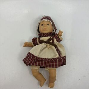 Vintage Gi-Go Toys Girl Baby Doll Bean Bag Red Plaid Beige Dress & Bonnet 8.5"